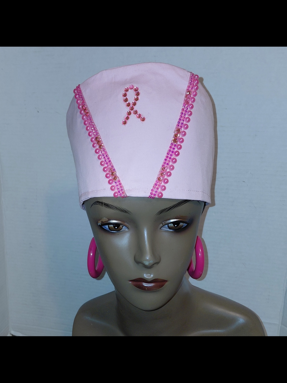 Pink Beaded Awareness Chemo Cap with Ribbon Accent